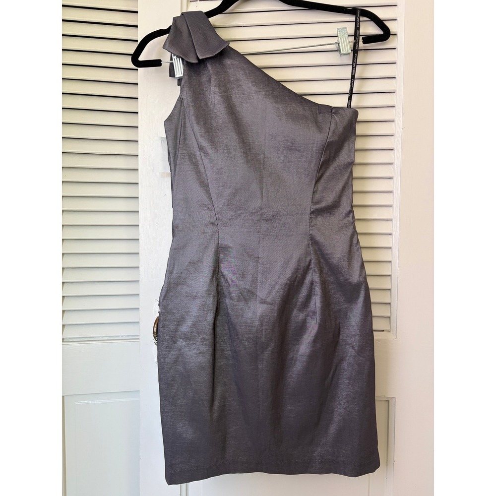 Jessica McClintock Metallic One Shoulder Dress Mini VTG Y2K Silver Gray Womens 4 - Picture 2 of 8